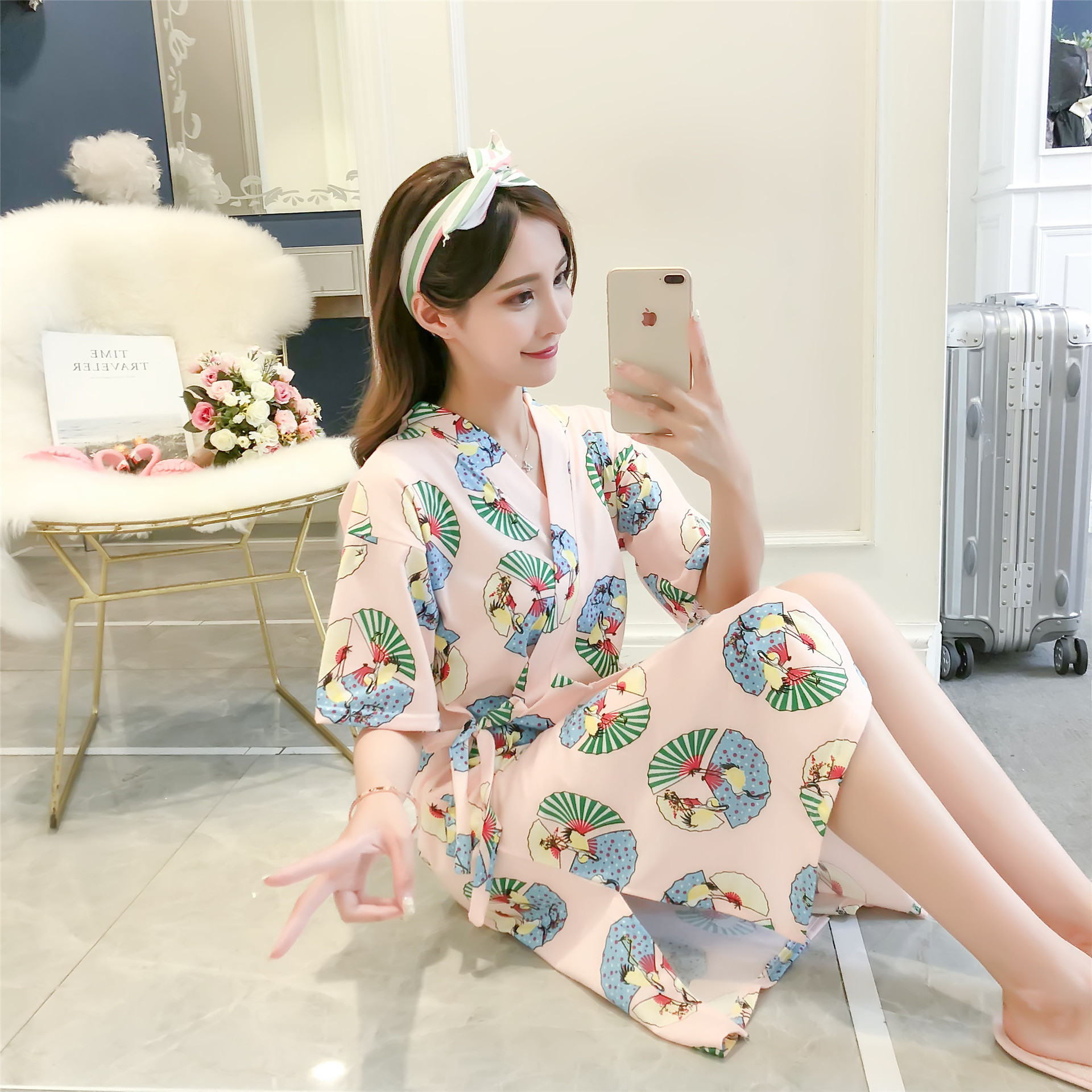 女式睡袍款浴衣针织棉睡袍浴袍清新甜美短袖睡衣厂家批发