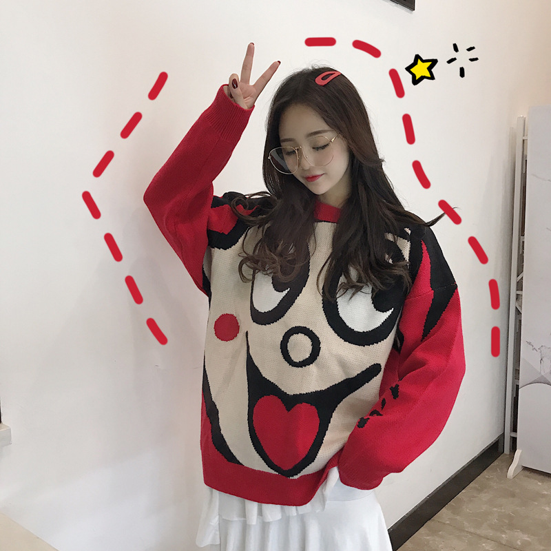 旺旺毛衣女2018秋冬红色卡通旺仔牛奶圆领针织衫情侣外套