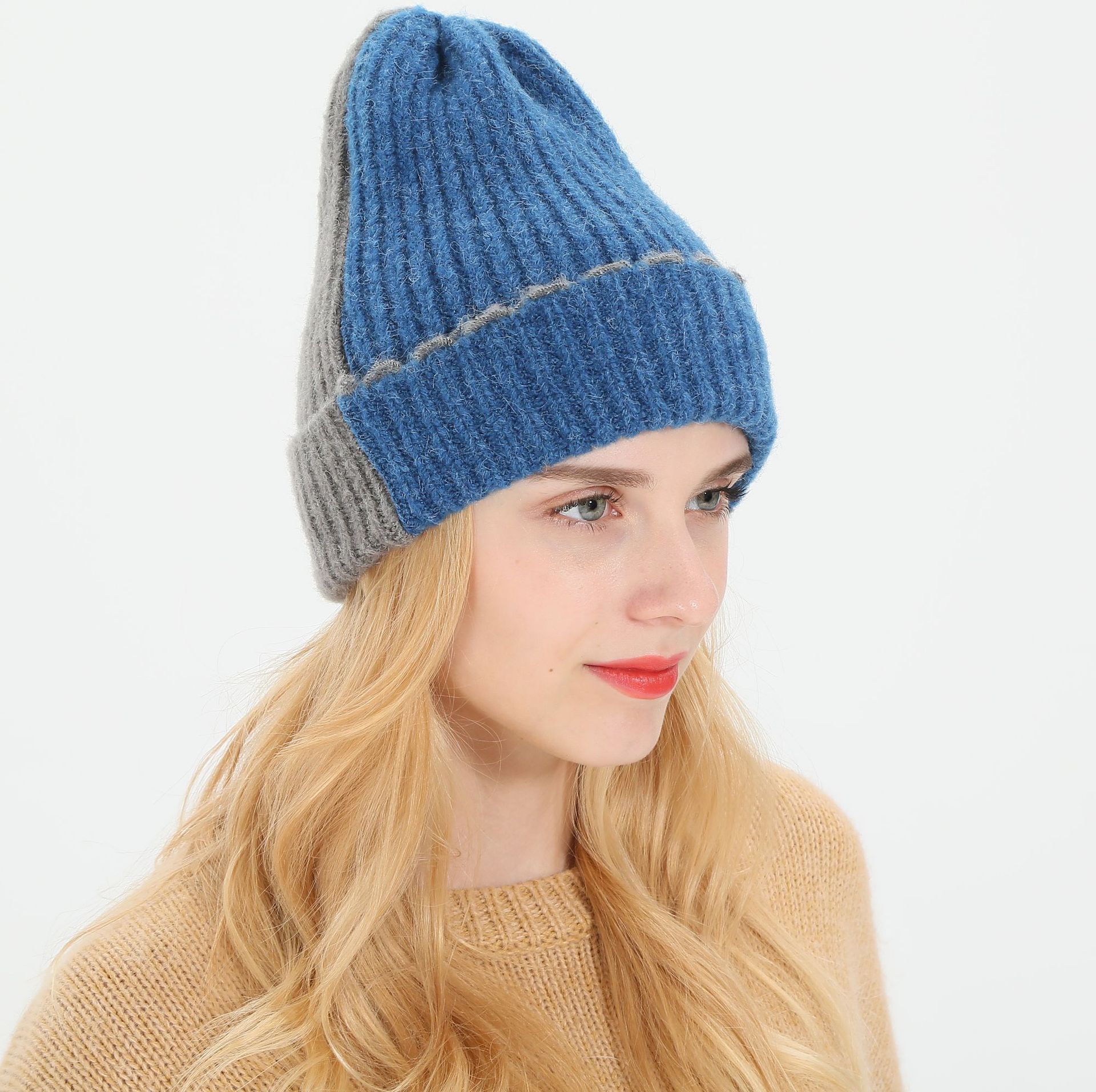 2019仿羊毛双色拼接帽子针织帽子秋冬流行针织帽子女帽