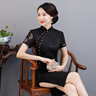 改良低领旗袍女夏2018新款时尚少女夏季短款修身蕾丝连衣裙中国风