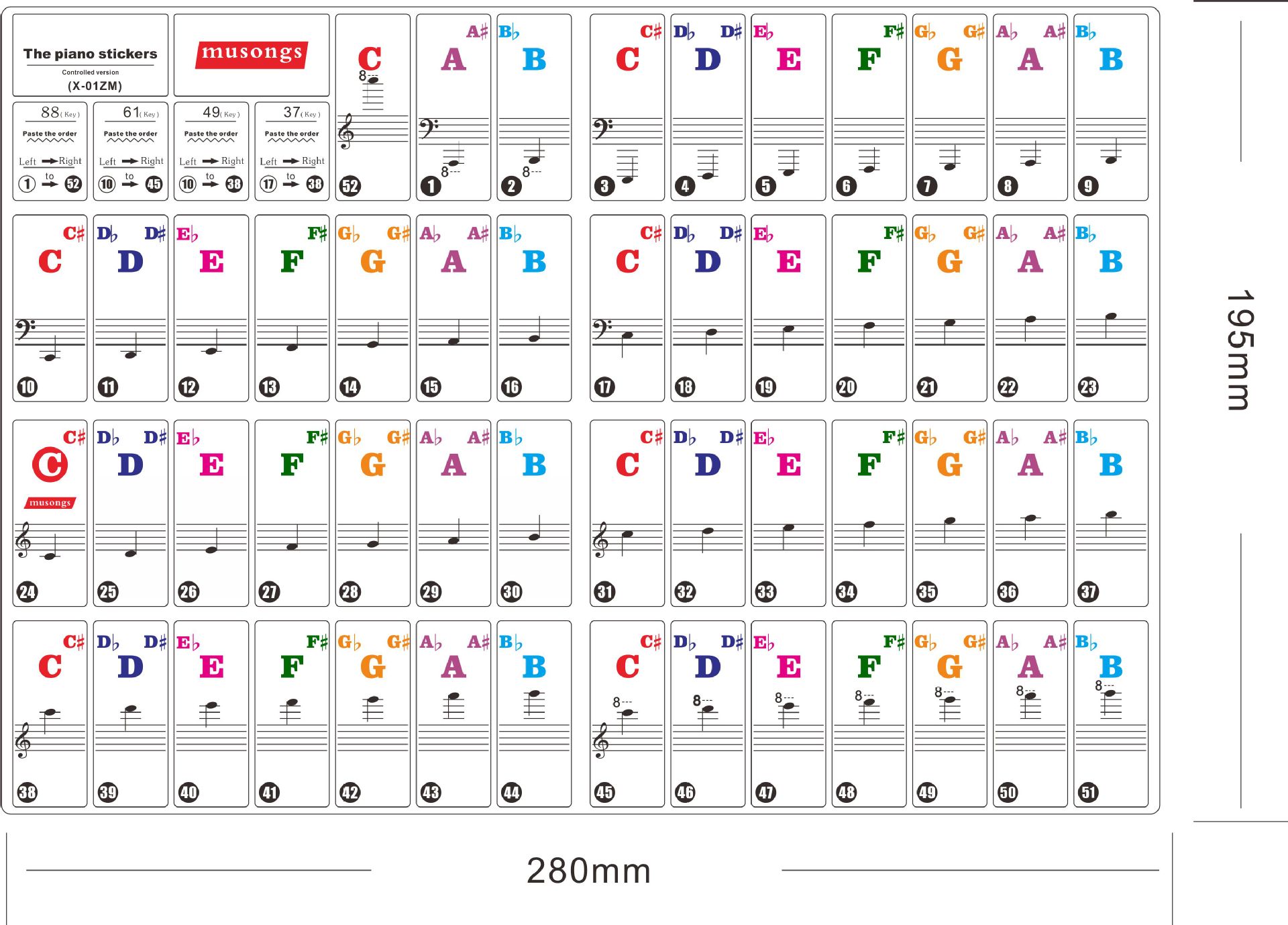 云之曲钢琴贴纸6188键电子琴键盘透明音阶字组五线谱贴音符x-01zm