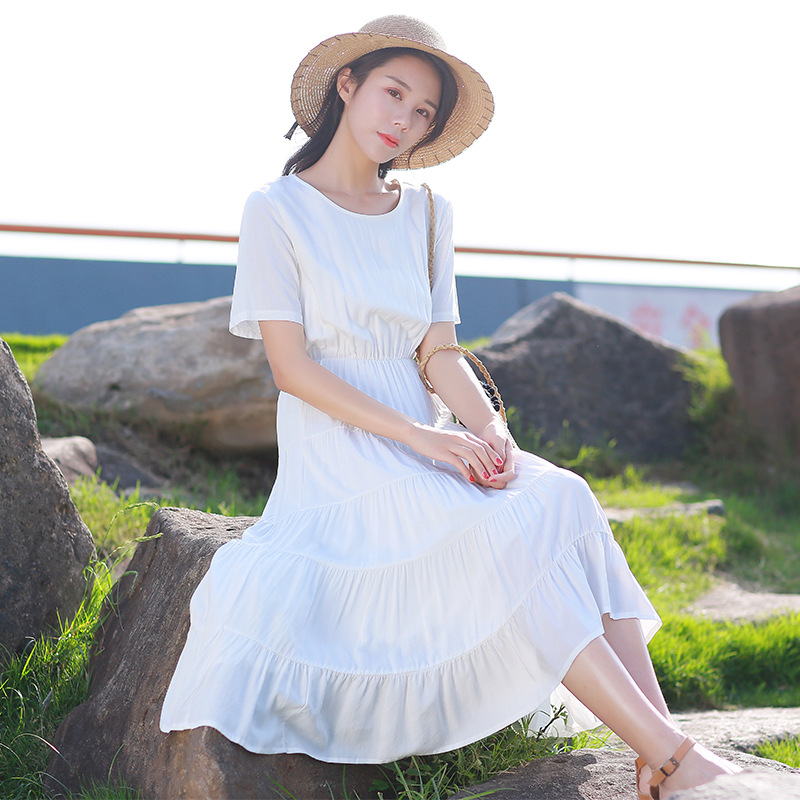 实拍2019夏季文艺女装新款超仙棉布长款连衣裙百搭小清新裙子