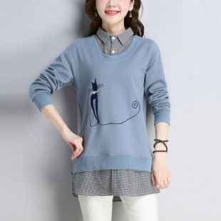 长袖女上衣2018秋季新款女装韩版宽松中长款t恤秋天假两件衣服潮