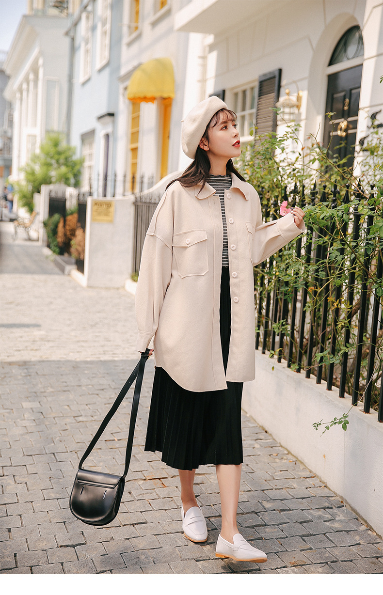 早秋ins超火的毛呢衬衫外套女长袖韩范宽松学生长款chic衬衣港味