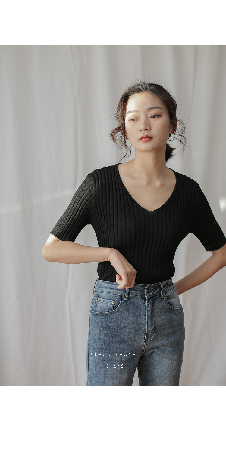 2018女装t恤春季新款韩版短袖上衣女弹力修身v字领针织衫81ms3082