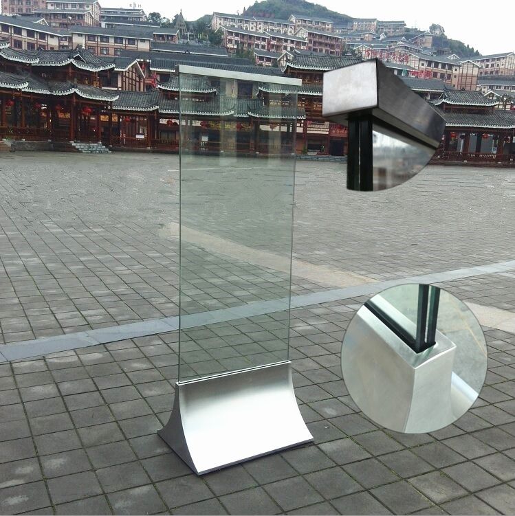 仿大理石白色青色展示架商场广告牌钢化玻璃水牌立牌弧形木纹底座