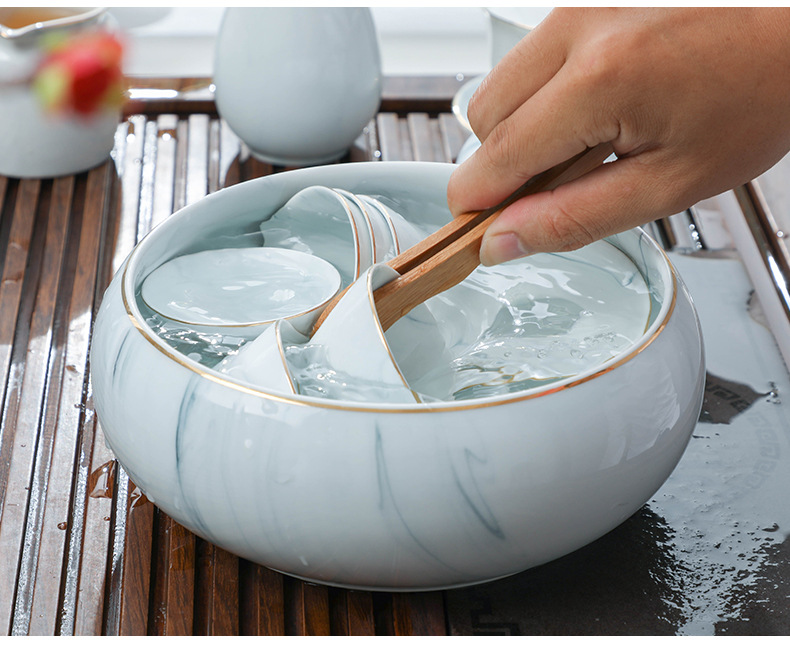 北欧简约大理石纹陶瓷家用茶洗金边 大号杯洗笔洗茶具配件 批发