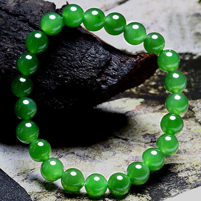 新疆天然和田玉碧玉正阳圆珠手串 新款菠菜绿碧玉男女款手链
