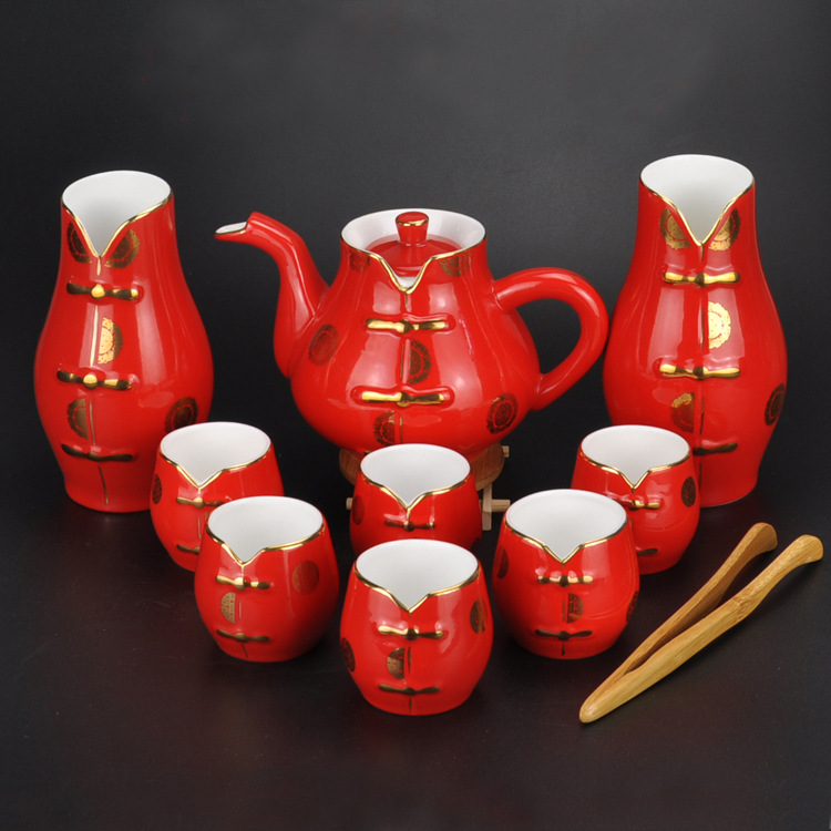 厂家生产定制创意中国红瓷唐装茶具套装祝寿结婚节日创意商务礼品