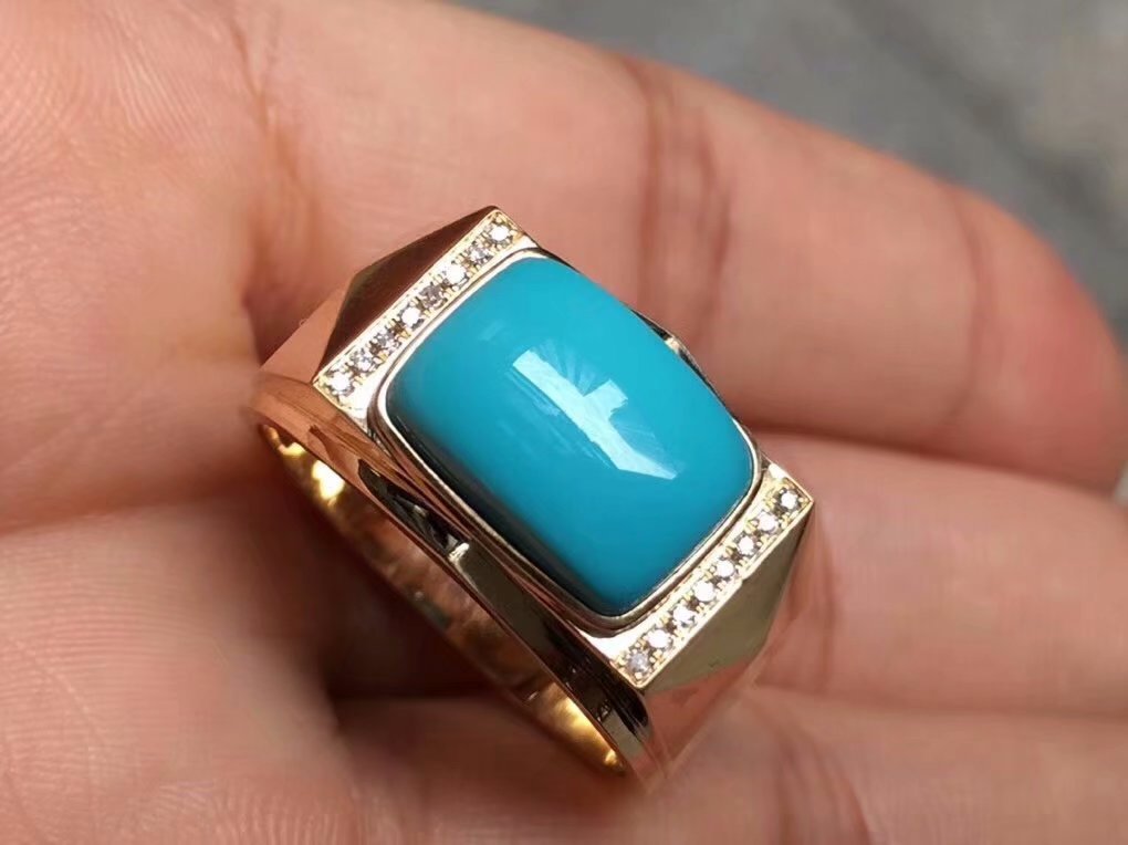纯天然原矿男士马鞍戒指 高瓷蓝玉化长方形戒面高端品质18金镶钻