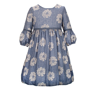 品牌女童全棉春秋款泡泡长袖连衣裙女宝蓝底白花休闲裙子专柜有售