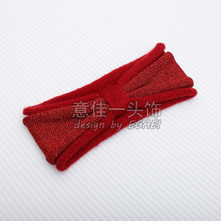 Factory Direct Sales New European and American Double-Layer Bright Silk Bow Knitted Hair Band Wool Headband out Hair Band