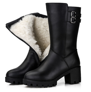 清仓款3306真皮羊毛靴中筒靴女式棉靴皮毛一体女靴粗跟高跟皮靴
