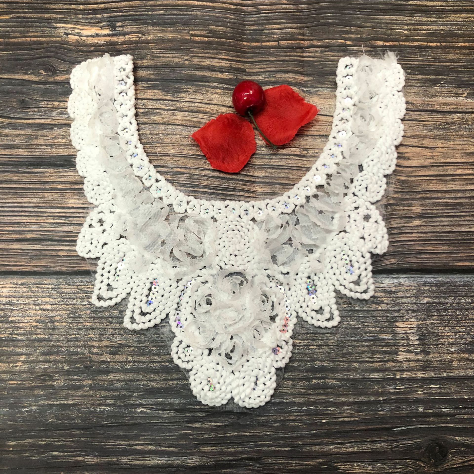 牛奶丝网布花边 珠片领花 三合一刺绣 白色领花 童装领子厂家直销