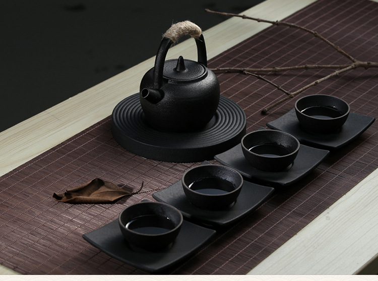 景德镇秋蝉茶具组自然复古黑色粗陶家用陶瓷茶器套装商务礼品组合