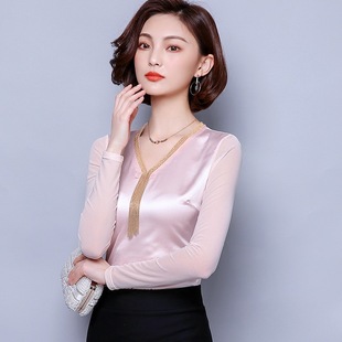 仿真丝衬衣女宽松长袖衬衫 网纱长袖拼接大码上衣 缎面v领上衣女