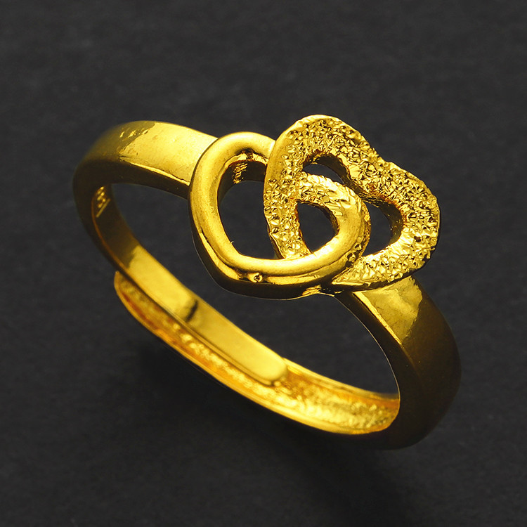 日韩时尚铜镀越南沙金开口小双爱心 心形戒指 镂空女尾戒地摊货源