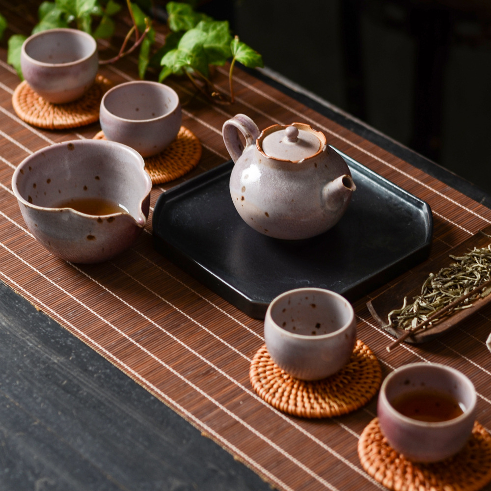 日式短嘴茶壶粗陶泡茶器家用功夫茶具手工窑变手把壶六件礼盒套装