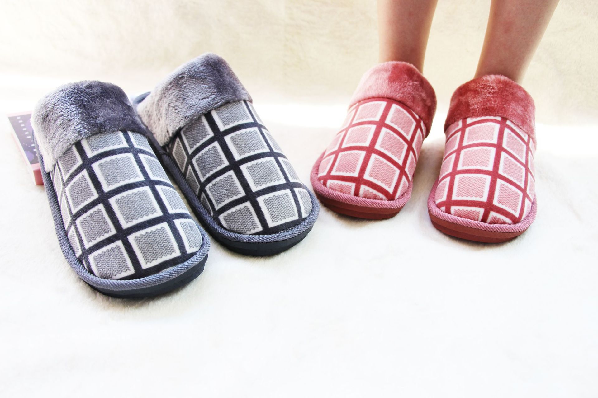 2018爆款秋冬季方格毛拖男保暖加厚防滑居家室内情侣棉拖鞋女批发