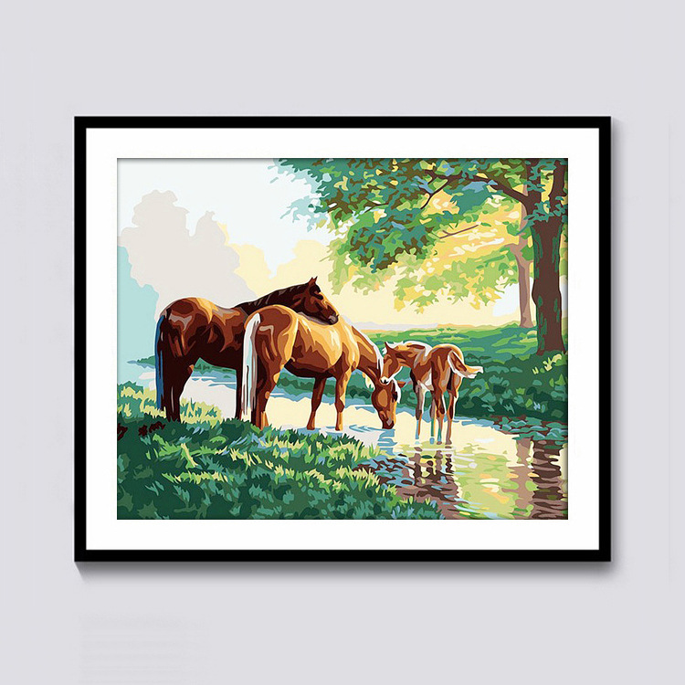 厂家货源直销速卖通钻石画新款动物系列客厅装饰画棕马一家贴钻画