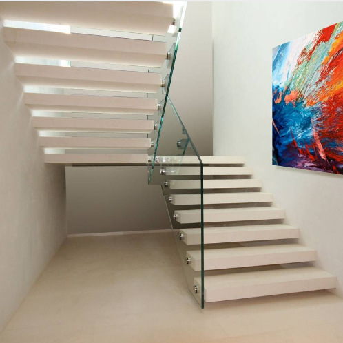 白橡木悬浮楼梯钢化玻璃护栏不锈钢扶手现代家居