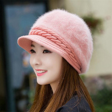 跨境帽子 女士冬季新款韩版纯色兔毛帽纯色鸭舌帽保暖针织毛线帽