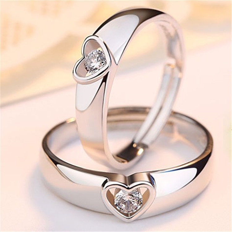 925心形永恒钻戒 开口情侣戒指 活口银戒指 男女款情侣对戒银
