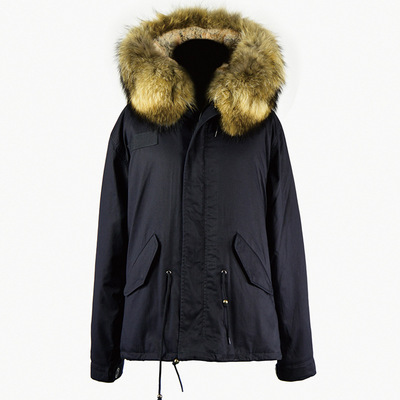 棉服女mr mrs furs派克大衣皮草加厚大码兔绒黑色短款棉衣短外套