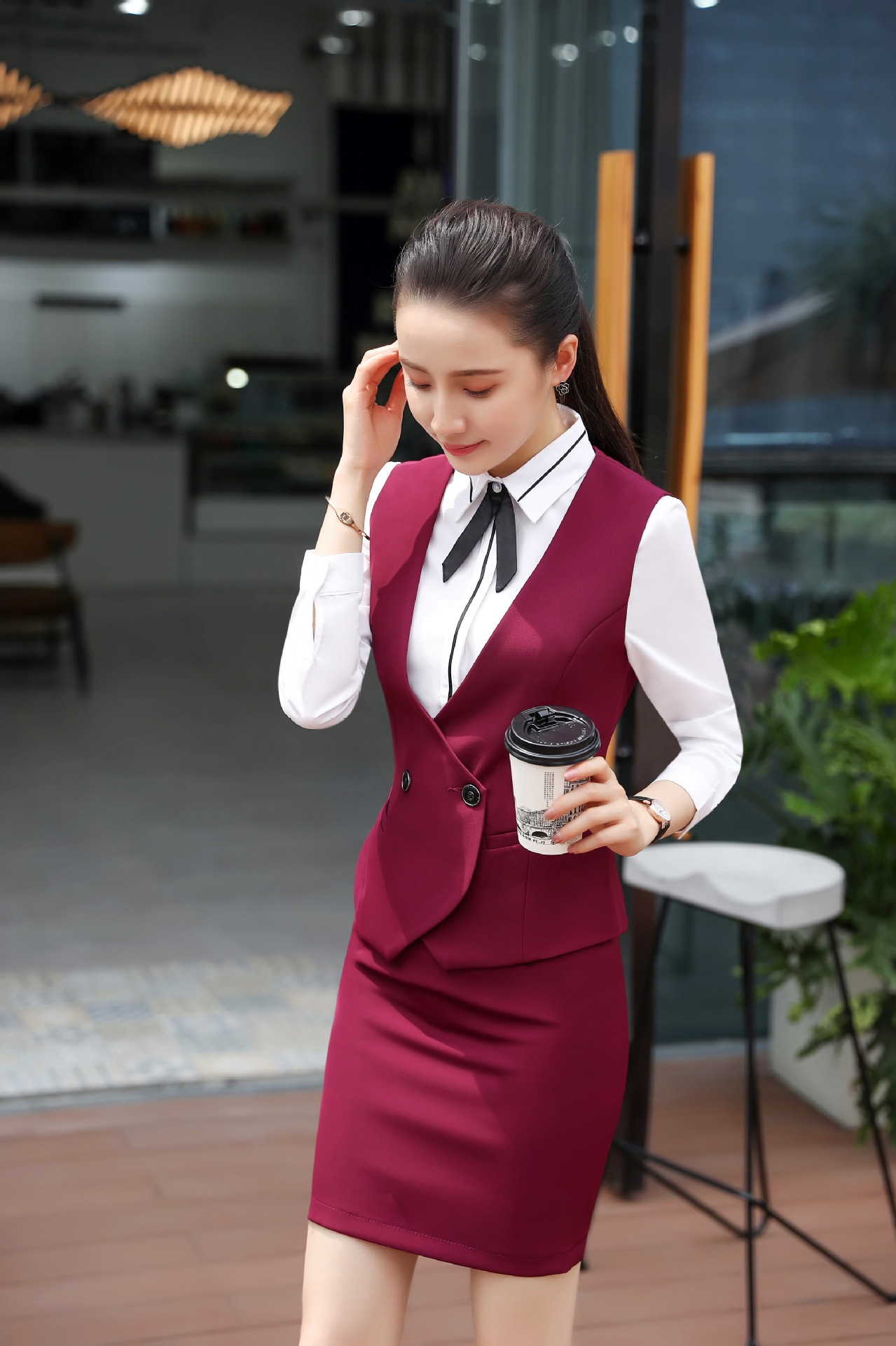 新款酒店前台工作服ol职业装秋冬马甲五件套职业装女珠宝店美容院