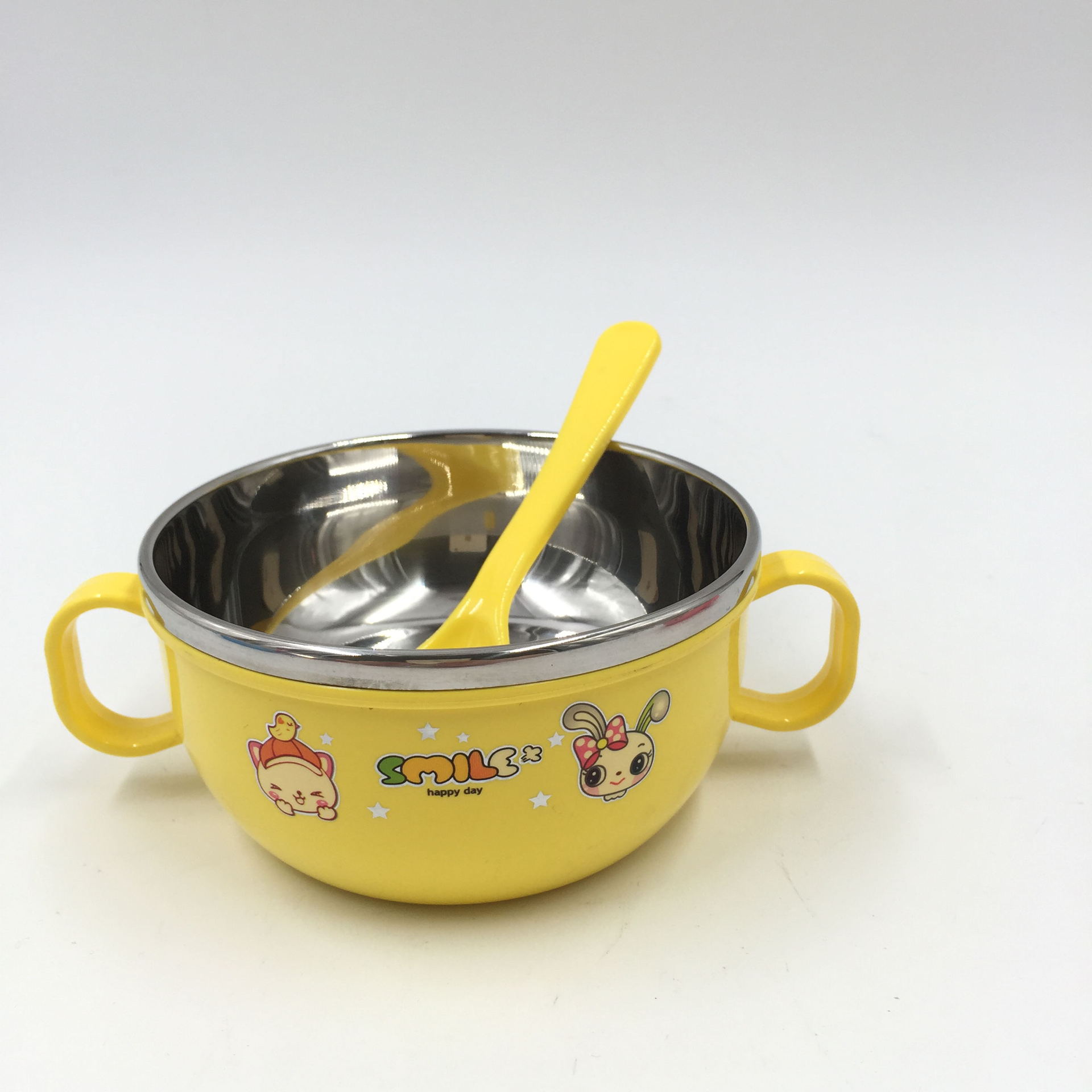 卡通不锈钢儿童双耳小碗可爱餐具防摔隔热宝宝辅食碗送勺子可定制