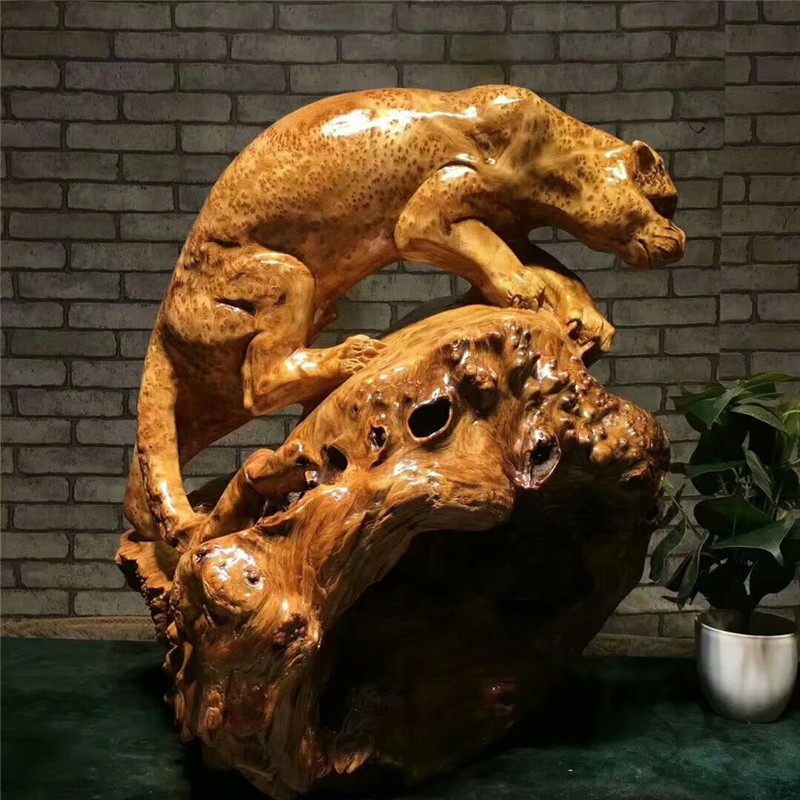 杉木瘤动物根雕大型一路爆发豹子造型根雕木雕工艺品金钱豹摆件