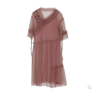 茉莉和扶苏《瘦海棠》灰粉海棠国风系列堆摺网纱连衣裙-阿里巴巴