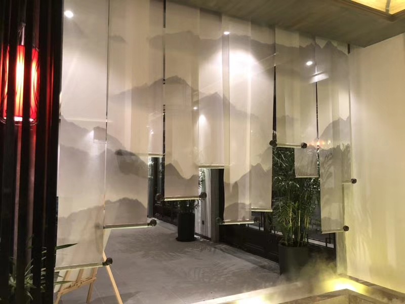 定制新中式透景纱屏画半透明银uv微喷画屏风纱画喷绘纱屏风隔断