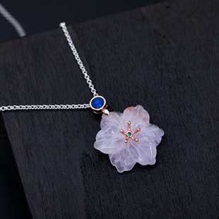 银迷创意s925银桃花吊坠女气质粉晶樱花项链古典文艺民族风毛衣链
