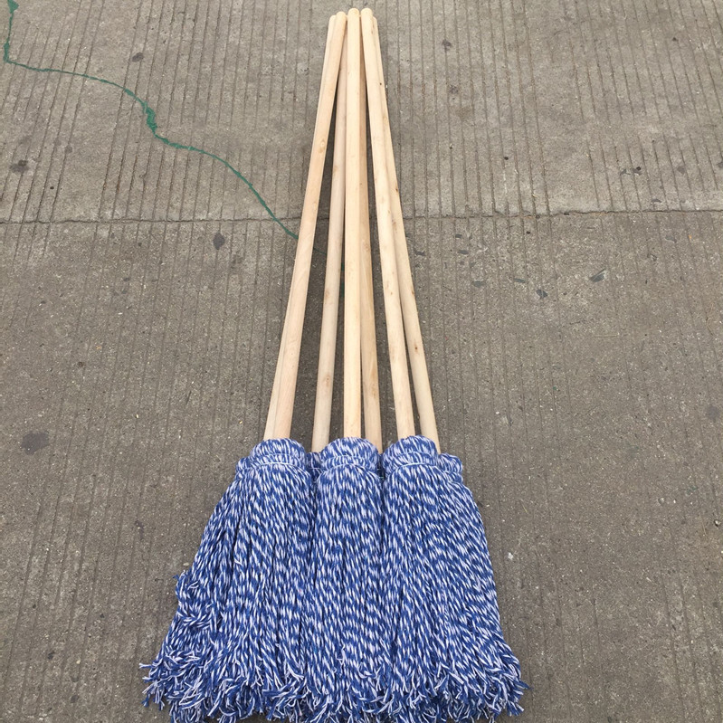 木柄加长木杆棉线拖把圆头吸水拖把蓝白线绳老式拖把