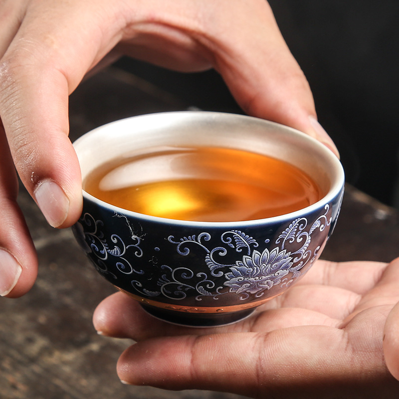 银杯子999纯银茶杯功夫纯手工鎏银青花品茗杯陶瓷茶盏主人杯单杯