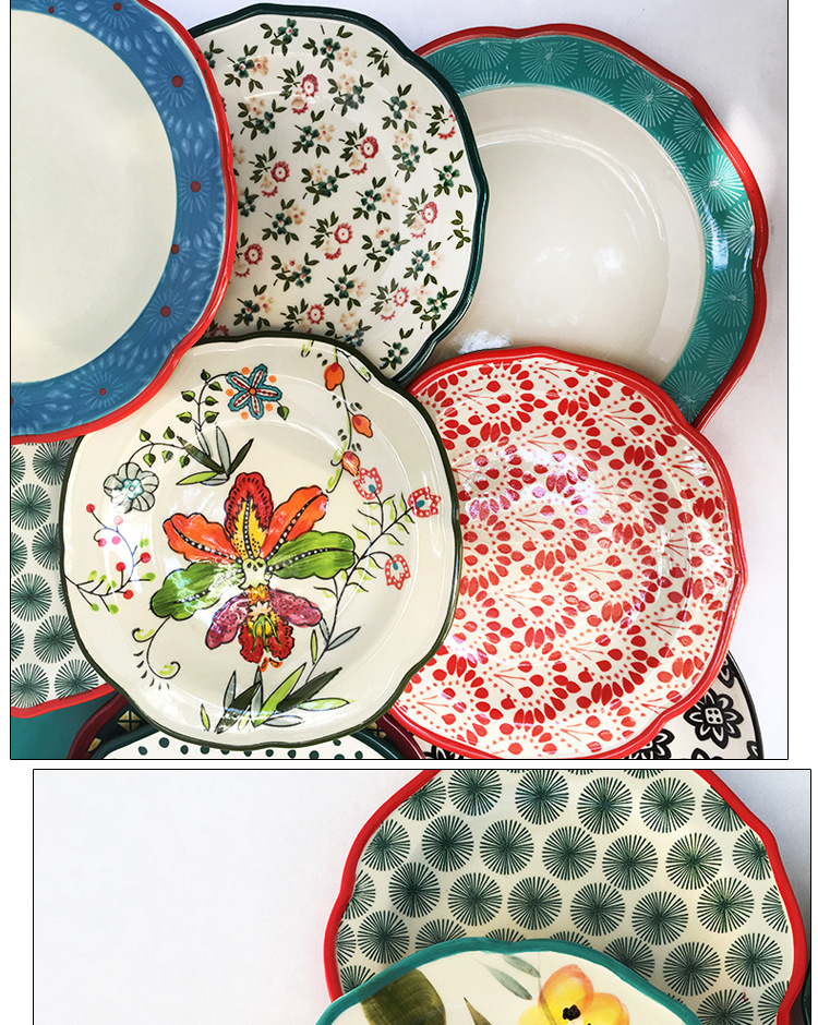 瑕疵外贸尾单手绘彩色盘子陶瓷欧美乡村牛排盘菜盘装饰挂盘碟子