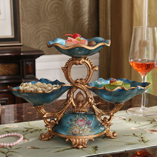欧式干果盘 复古美式装饰摆件 三分格双层家用客厅创意茶几水果盘