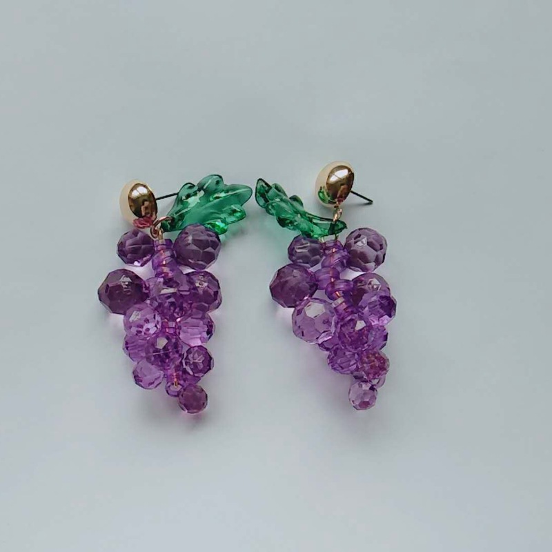 韩国无耳洞耳夹女葡萄串珠学生耳钉可爱紫色亚克历夸张个性耳环