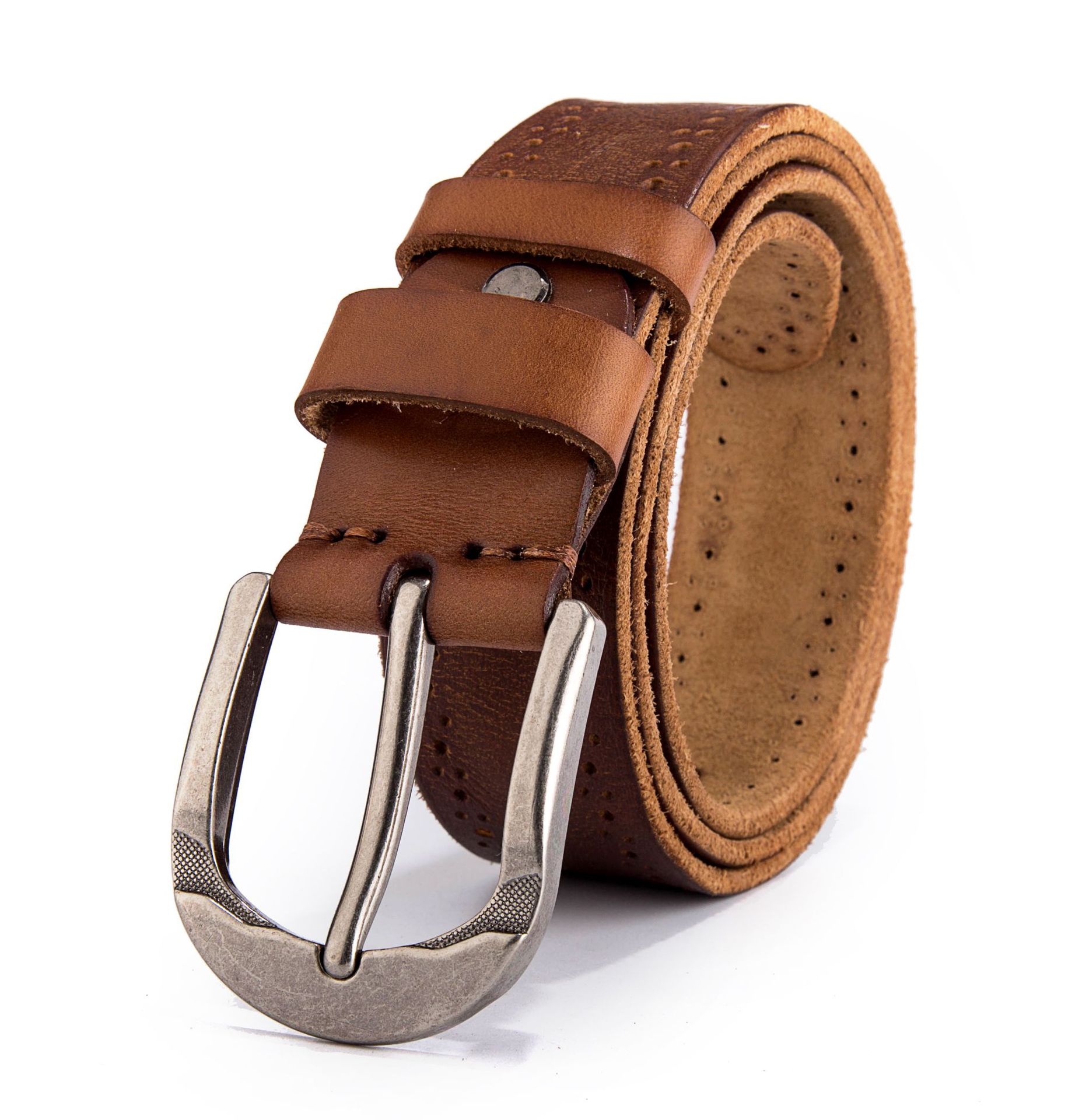 男士针扣真皮腰带 意大利进口头层牛皮纯牛皮无夹层水洗毛底皮带