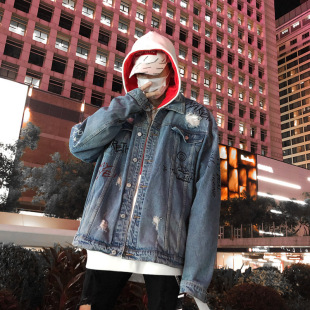 秋装潮流新款高街嘻哈涂鸦印花牛仔外套破洞复古男士宽松牛仔夹克