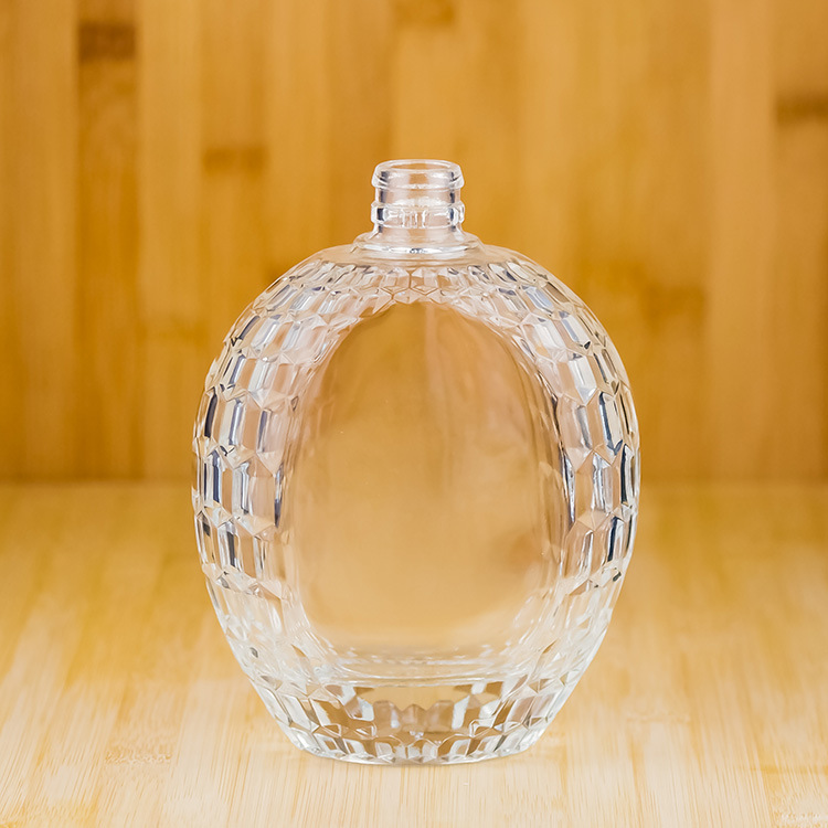 厂家直供500ml椭圆形水晶花纹雕刻透明玻璃瓶 一斤牙口白酒果酒瓶