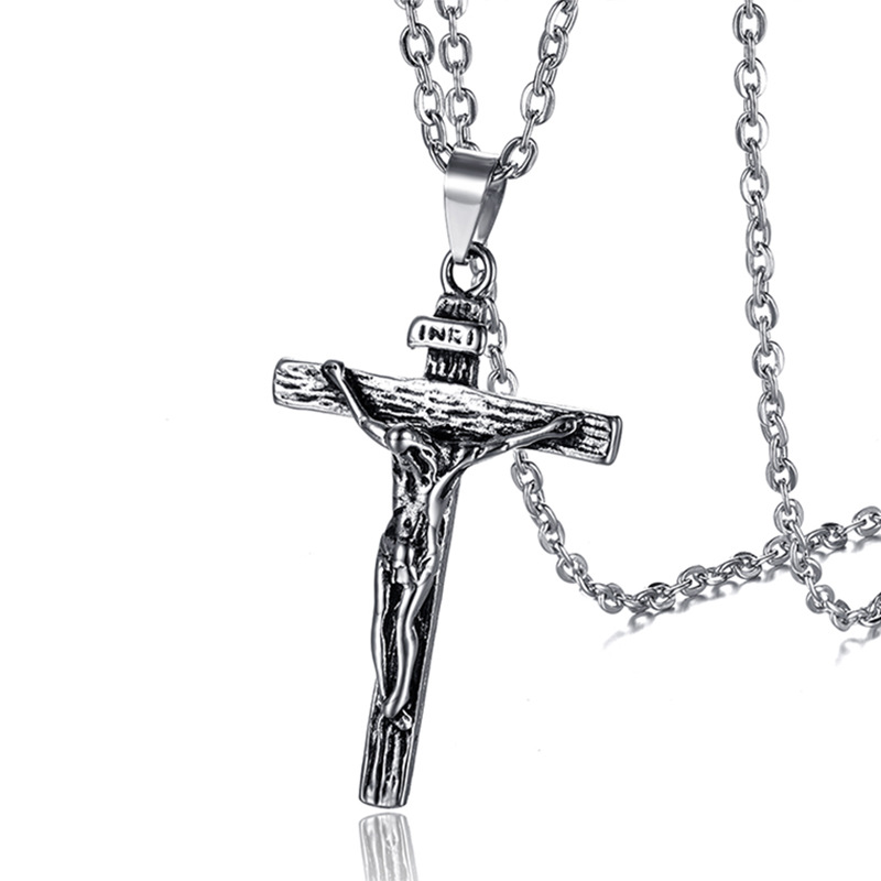 欧美跨境货源 天主教耶稣十字架钛钢吊坠 个性男士不锈钢项链批发