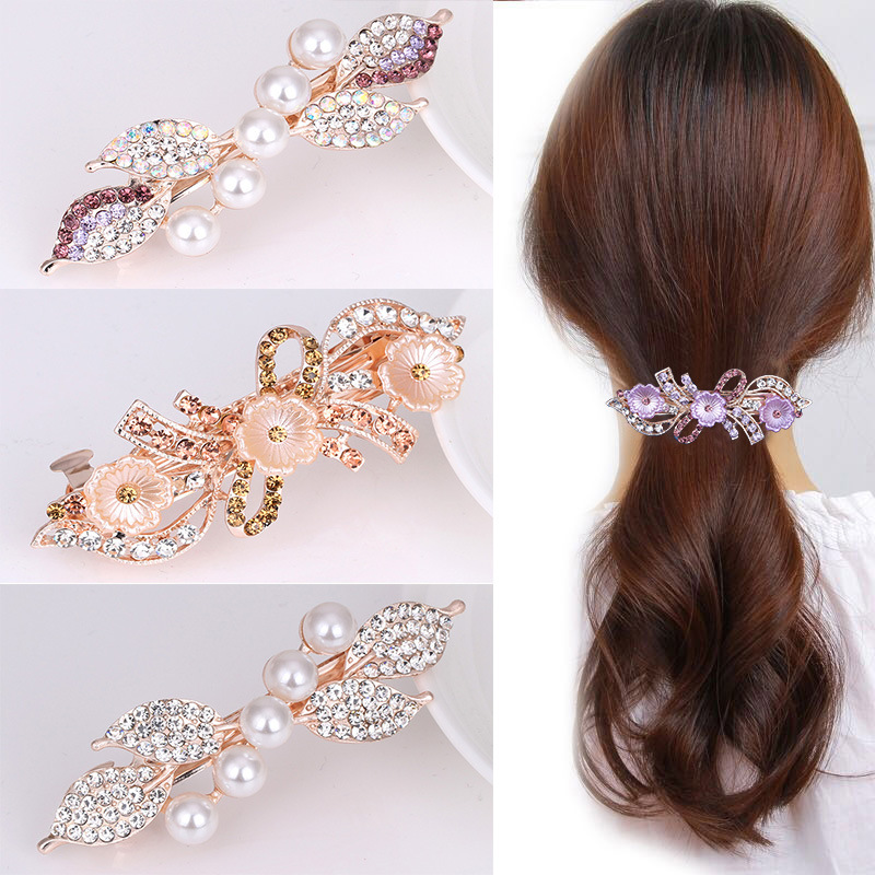 Rhinestone Bow Hairpin Headdress Large Pearl Shell Flower Spring Ponytail Clip Updo Hair Clip Hair Accessories Wholesale