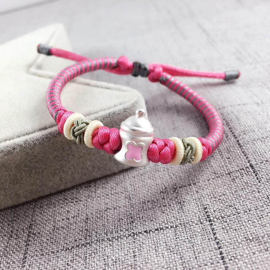 纯银烤漆奶瓶可爱宝宝彩编手绳精致手工编织编绳手链儿童小孩红绳