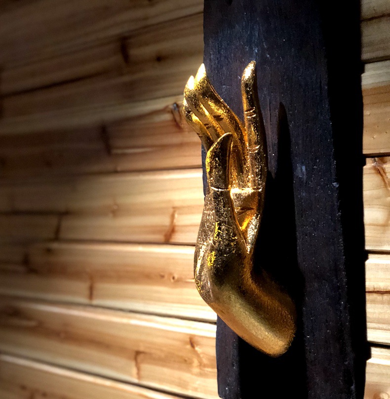 泰国木雕墙饰挂件泰式家居饰品金手印装饰挂件金佛手柚木板壁挂