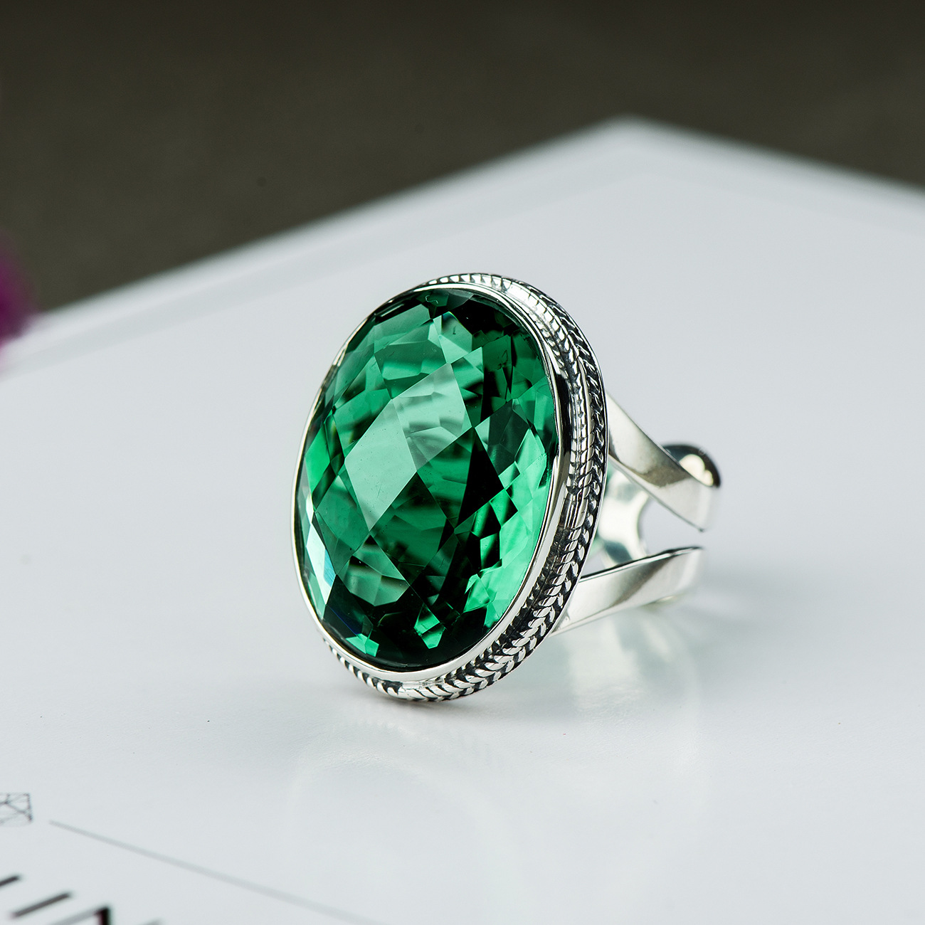 2022新款绿水晶戒指开口可调节切面原创s925泰银扭丝镶嵌戒指男女