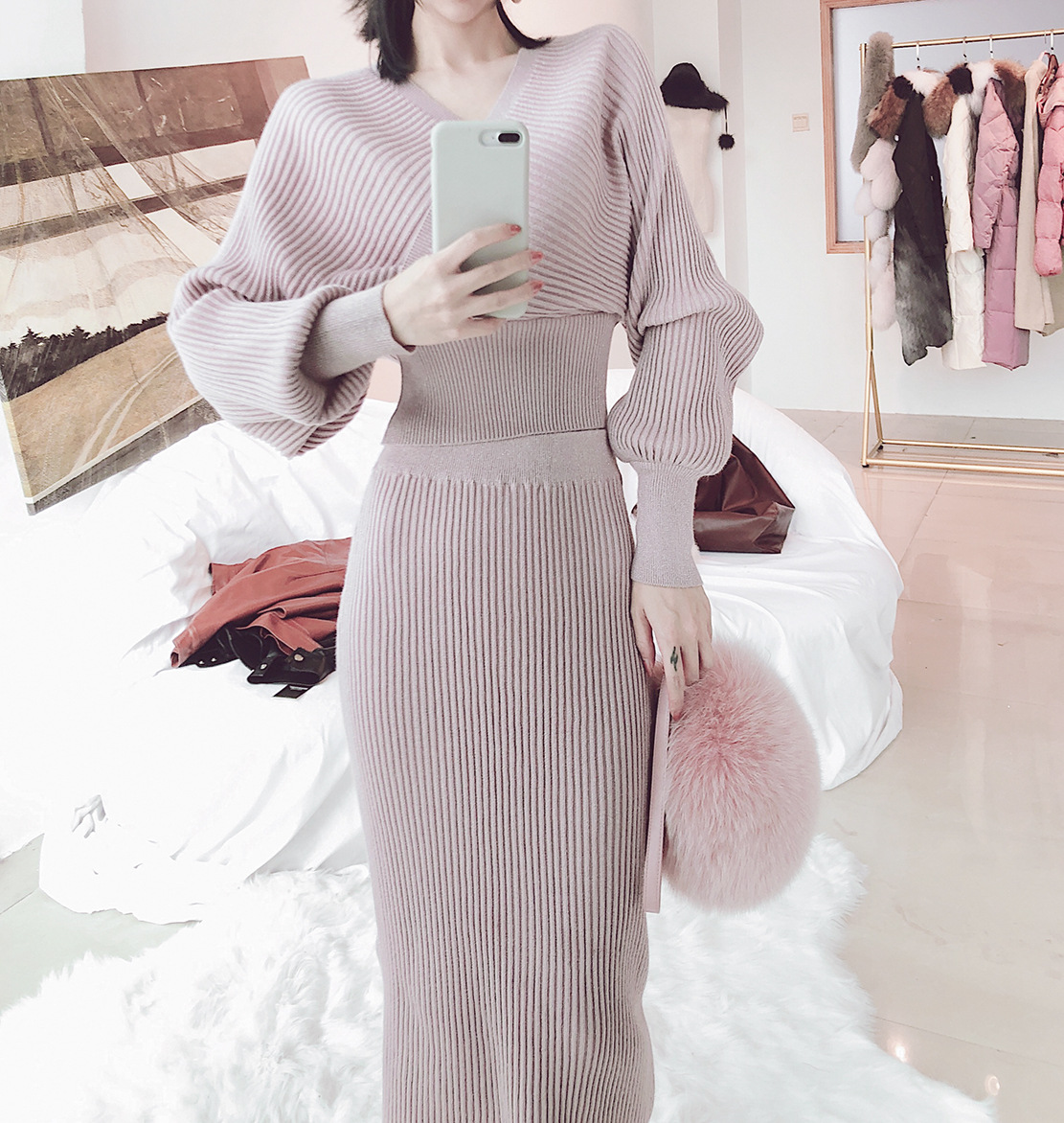 2018秋冬新品女装 韩国显瘦兔毛混纺亮丝灯笼袖两件套毛衣套装