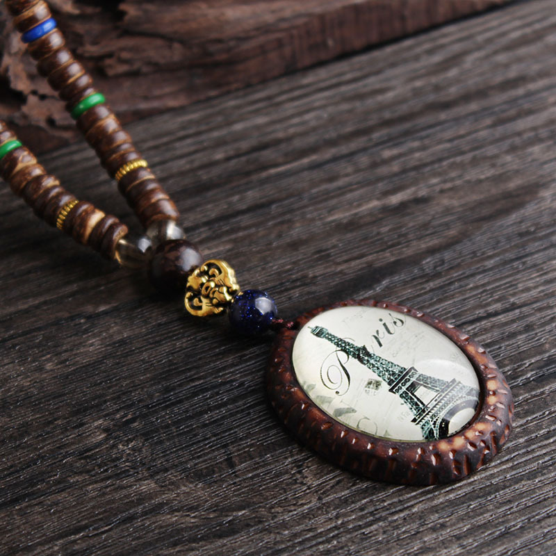 Long Wooden Bead Decorative Necklace Creative Peacock Feather Pendant Ethnic Sweater Chain Bohemian Accessories Pendant