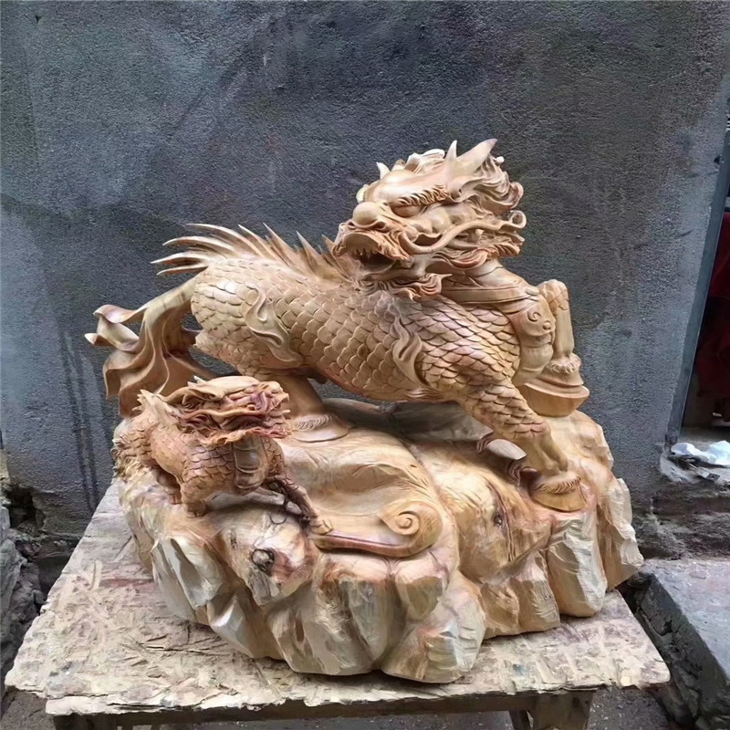 崖柏木雕树根工艺雕刻麒麟送子根雕摆件实木红木木质工艺品木摆饰
